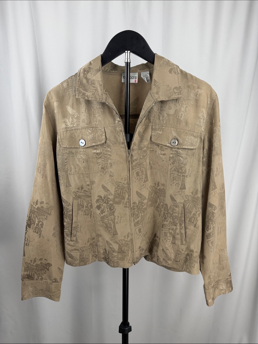 Chico’s Size 0 US 4 Small Tan Jacquard Zip Front Jacket Silk Blend